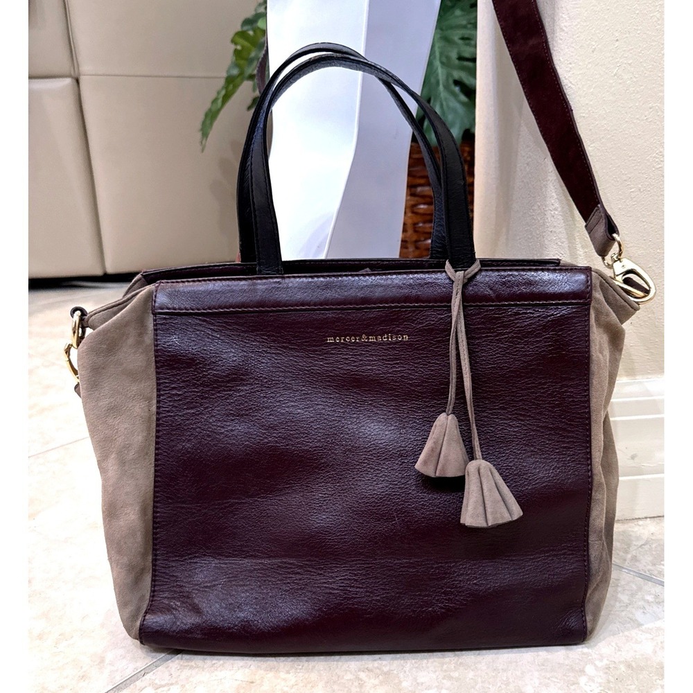 Mercer‎ & Madison Burgundy Leather Suede Tote Satchel Crossbody Bag Tassel Gold